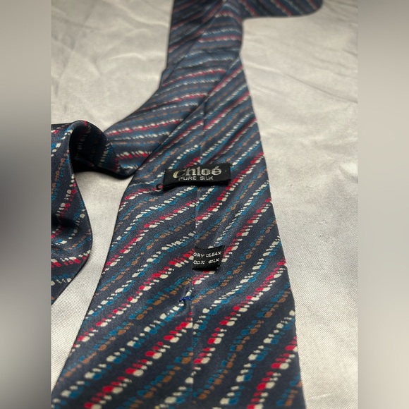 Men’s Chloé Vintage Vtg 90s Blue Red White Striped Silk Spain Designer Tie - Picture 4 of 4